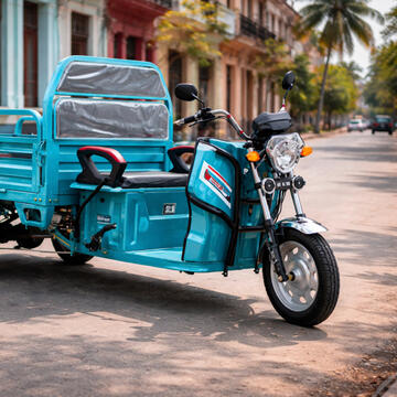 Blue three-wheeled cargo motorcycle parked on a sunlit street with buildings and trees in the background.