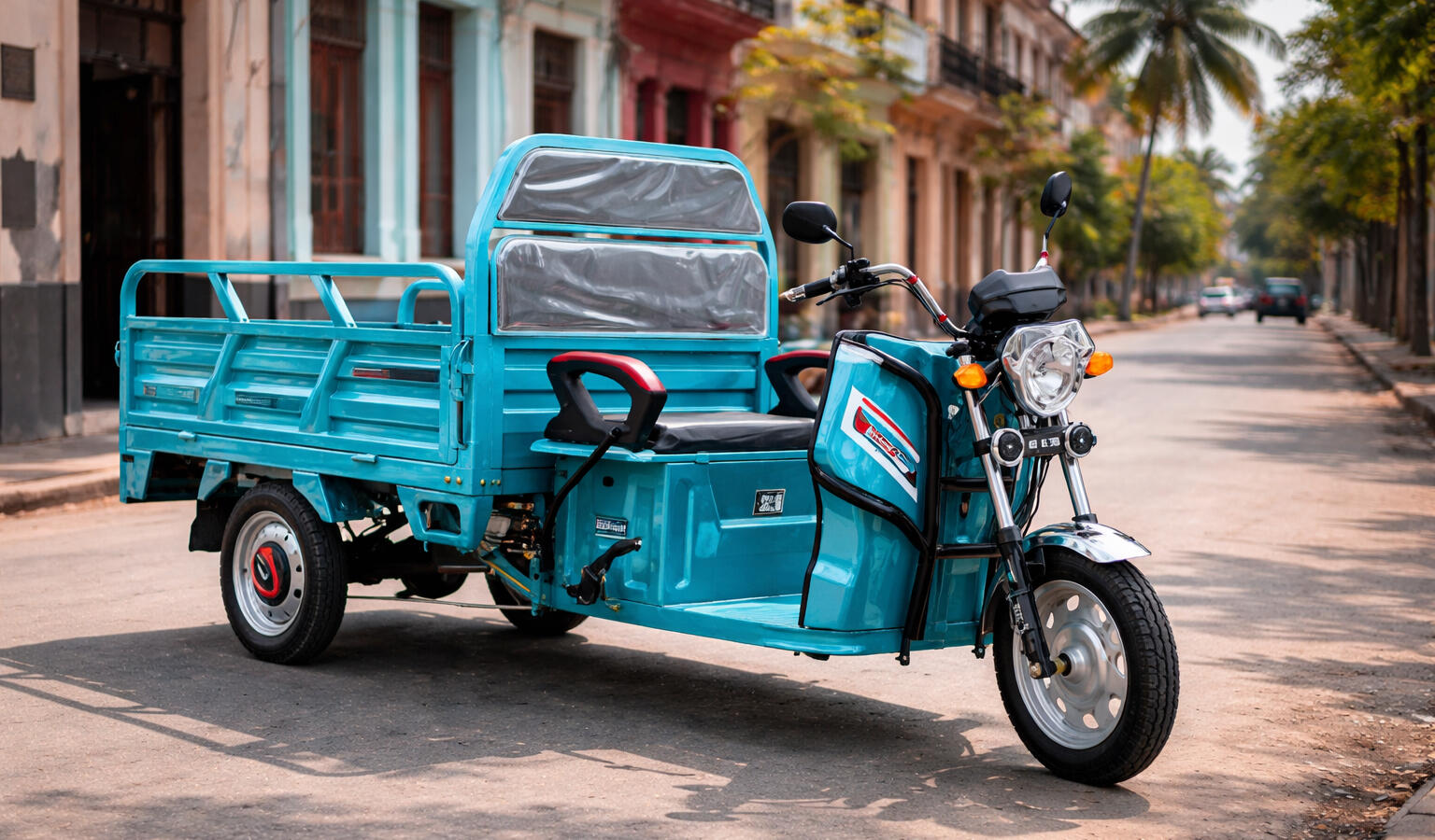 Blue three-wheeled cargo motorcycle parked on a sunlit street with buildings and trees in the background.